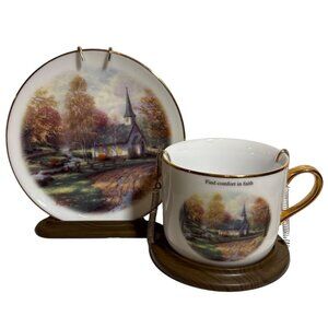 Thomas Kinkade The Aspen Chapel Cup & Plate Saucer Set Stand Telefrola Gift